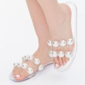 Forever 21 | Clear Pearl Ball Stud-Embellished Flat Jelly Sandals